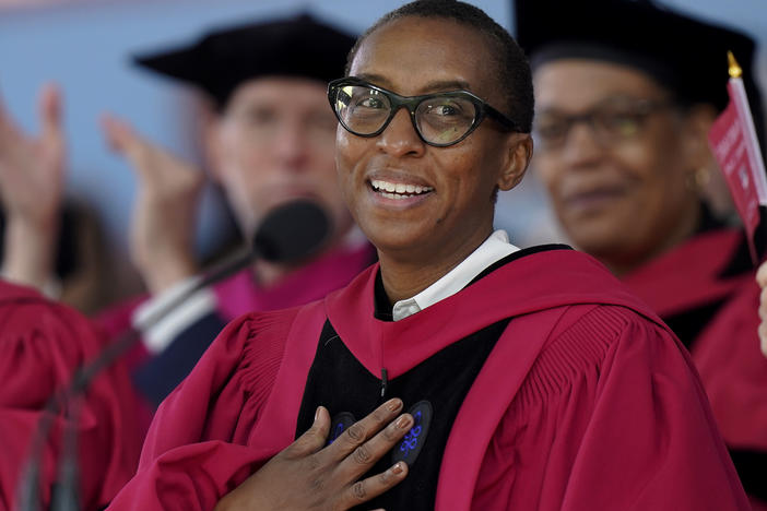 Claudine Gay speaks during commencement ceremonies at Harvard University in May. Gay resigned as Harvard's president Tuesday amid plagiarism accusations.