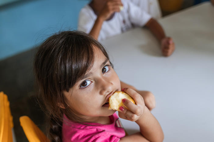 A student at Professor Lourdes Heredia Mello Municipal School in São Paulo enjoys an apple for dessert after lunch. Brazil's school lunch program, enshrined in its constitution, is a pillar of the country's anti-poverty efforts.