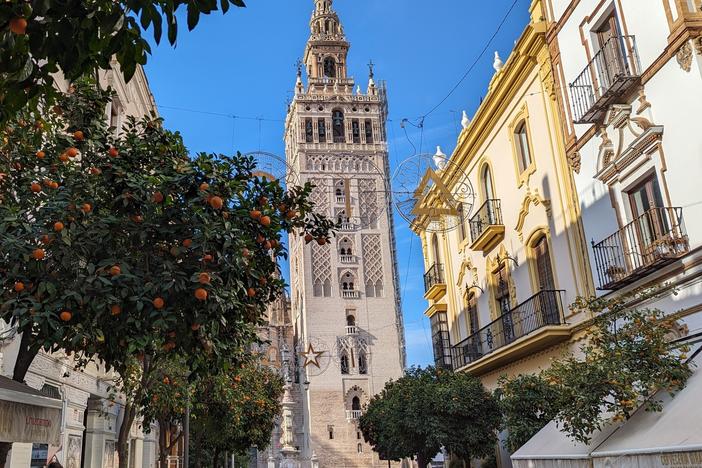 The Giralda tower, part of the cathedral of Seville, viewed from Mateos Gago street.