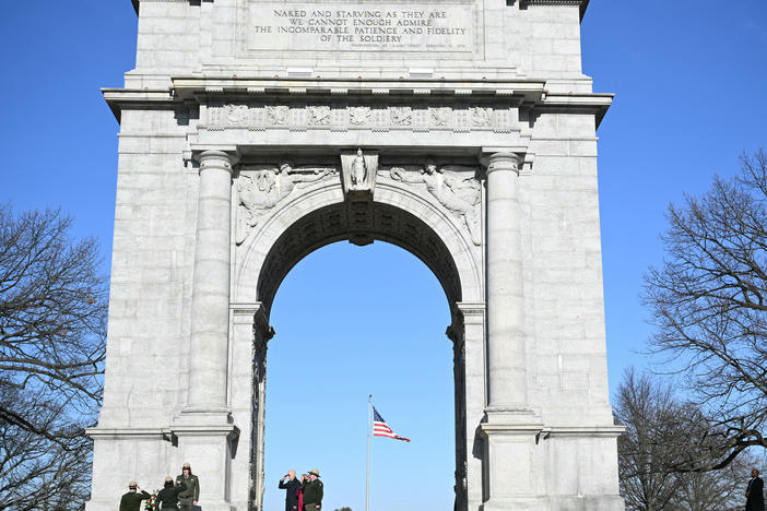 Ahead of his speech, President Biden and first lady Jill Biden attended a small wreath-laying ceremony at the National Memorial Arch in Valley Forge National Historical Park on Jan. 5, 2024.