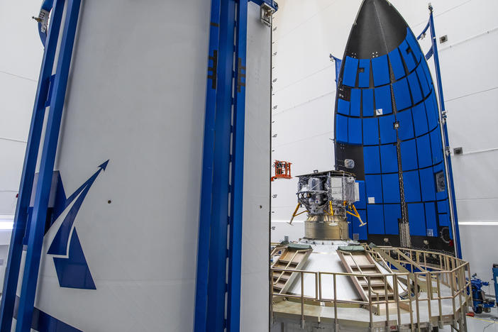 In this photo provided by United Launch Alliance, the Astrobotic Peregrine lunar lander is prepared for encapsulation in a payload fairing for launch atop a United Launch Alliance Vulcan rocket in Cape Canaveral, Fla., in December 2023.