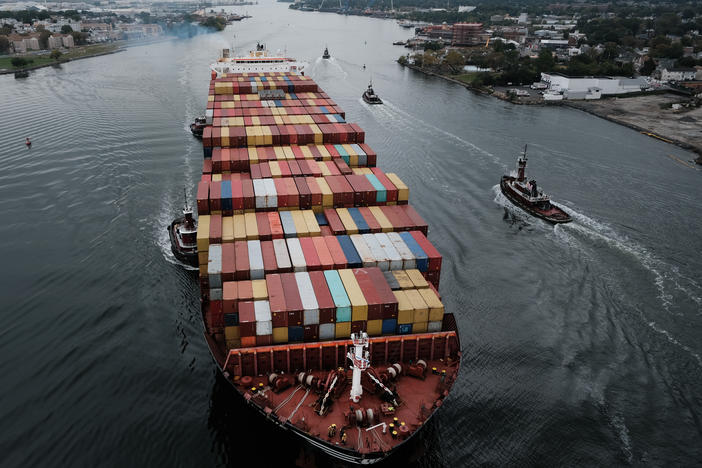 A cargo ship heads into port on Oct. 13, 2021, in Bayonne, N.J.