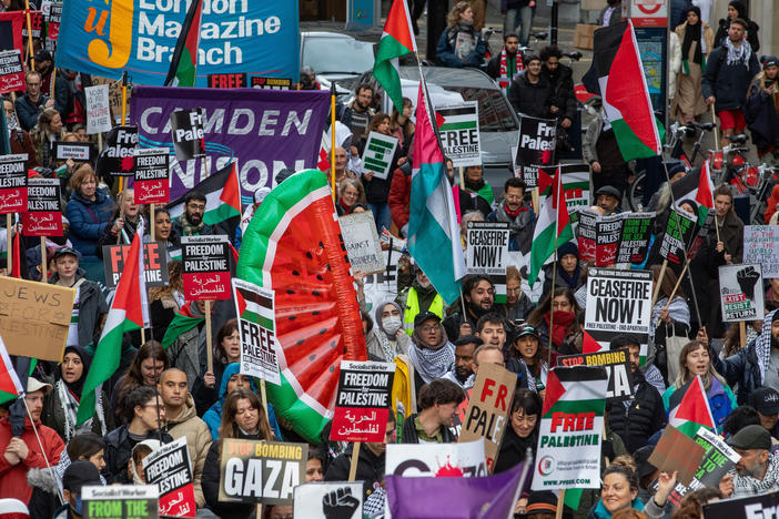 Tens of thousands of pro-Palestinian activists take part in a National March to call for a permanent ceasefire in Gaza on December 9, 2023, in London, United Kingdom.