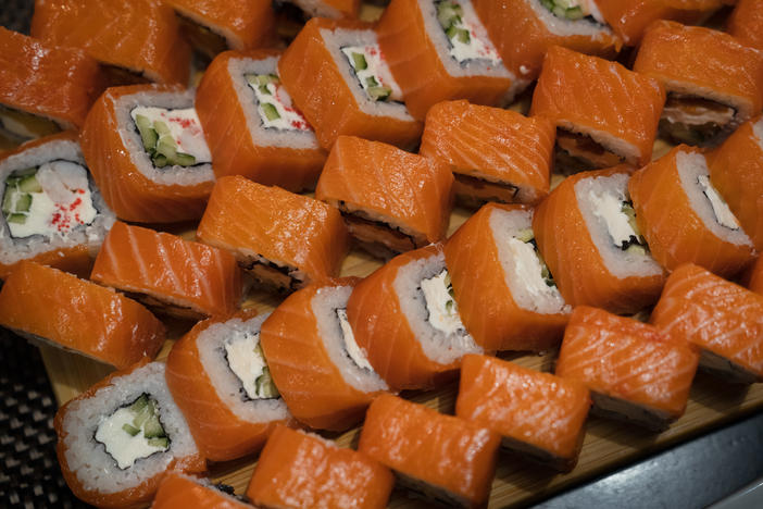 Sushi rolls with cream cheese, a popular ingredient in Ukrainian sushi, are served at Island Sushi in Zaporizhzhia, Ukraine.