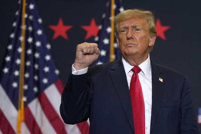 Former President Donald Trump reacts to supporters during a commit to caucus rally, Tuesday, Dec. 19, 2023, in Waterloo, Iowa.