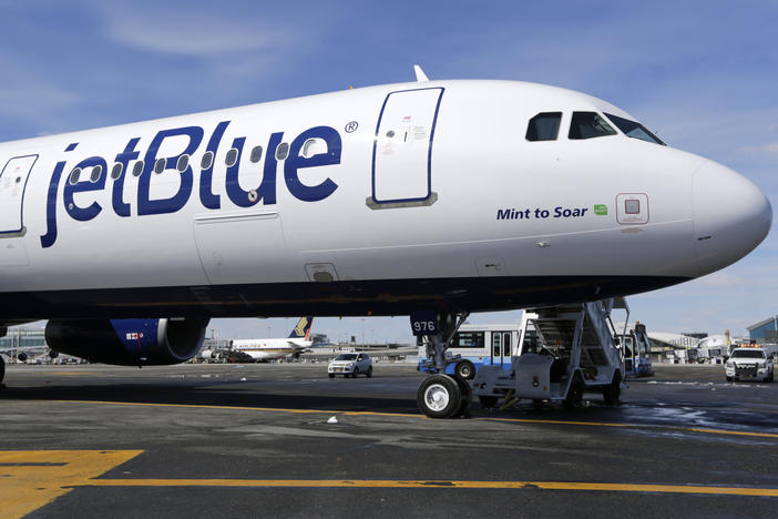 A JetBlue airplane is shown at John F. Kennedy International Airport in New York, March 16, 2017.