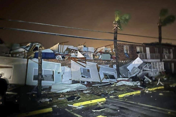 This photo provided by Bay County Sheriff's Office shows damage around Panama City Beach, Fla., on Tuesday, Jan. 9, 2024, after a sprawling storm hit the South with strong thunderstorms and tornado warnings that blew roofs off homes and tossed about furniture in the Florida Panhandle.