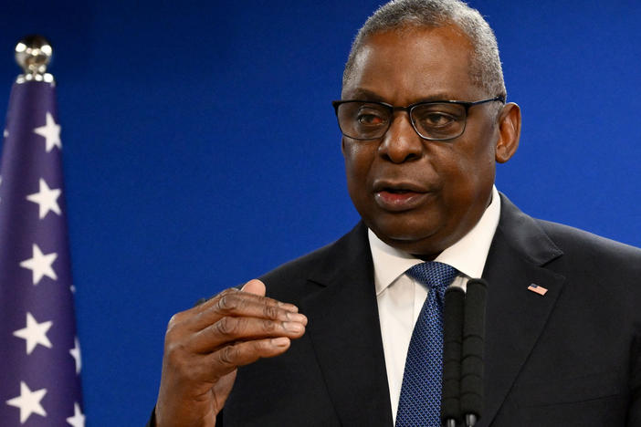 Secretary of Defense Lloyd Austin speaks during a joint news conference with Israel's defense minister in Tel Aviv, Israel, on Dec. 18, 2023.