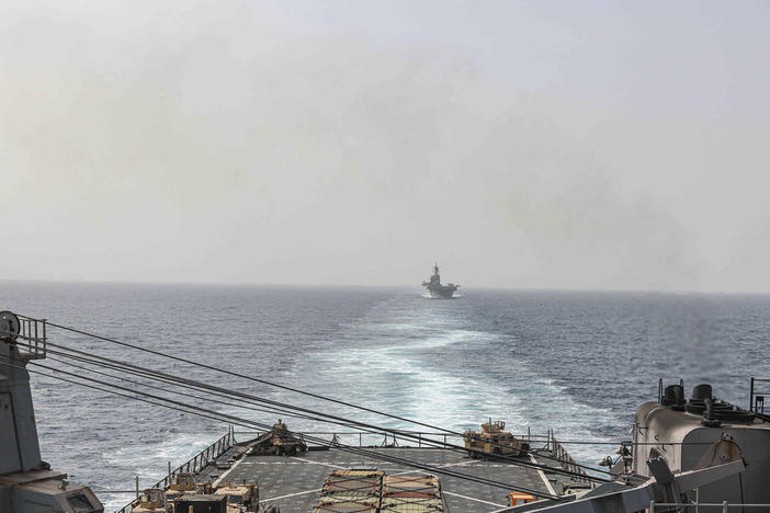 U.S. Navy ships travel through the Bab al-Mandeb strait, which connects the Red Sea to the Gulf of Aden and the Indian Ocean, in August.