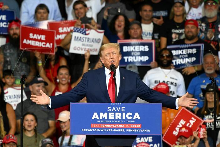 Former President Donald Trump speaks during a campaign rally in September 2022. At the rally, Trump invited the president and founder of the nonprofit Patriot Freedom Project to give a speech. The group's close ties to Trump have prompted scrutiny from lawmakers.