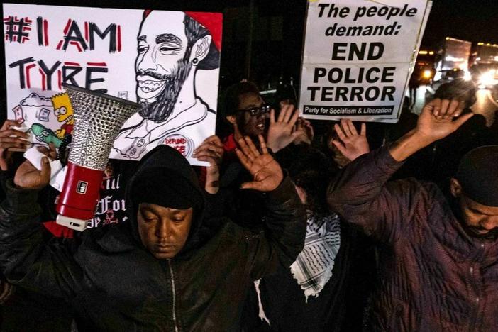 Protesters block traffic as they rally against the fatal police assault of Tyre Nichols in Memphis, Tenn., on Jan. 27, 2023.