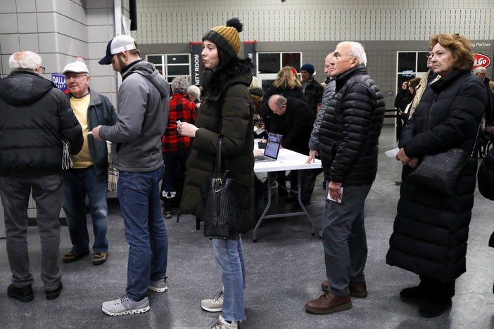 Voters waiting in line at the West Des Moines caucus site on Jan. 15, 2024.