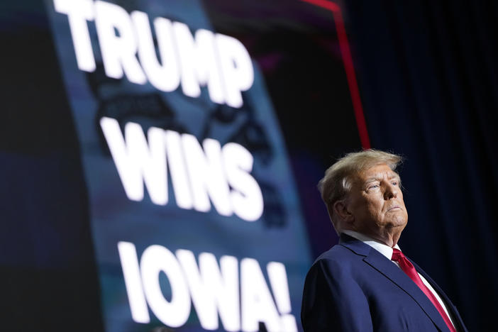 Republican presidential candidate former President Donald Trump speaks at a caucus night party in Des Moines, Iowa on Monday.