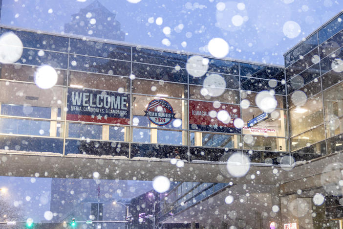 Signage for the Iowa caucus during a storm in Des Moines, Iowa, US, on Tuesday, Jan. 9.