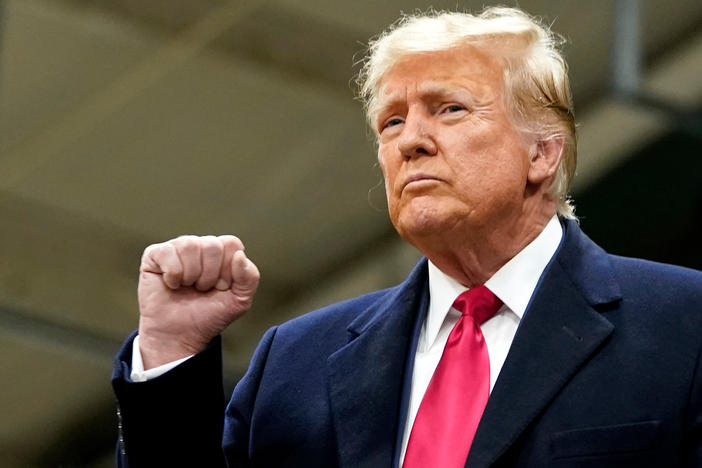 Former U.S. President Donald Trump during the 2024 Iowa Republican caucuses at Horizon Events Center in West Des Moines, Iowa, US, on Monday, Jan. 15, 2024.