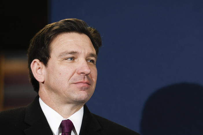 Florida Republican Gov. Ron DeSantis speaks at a campaign stop at Pub 52 on Jan. 15 in Sergeant Bluff, Iowa.