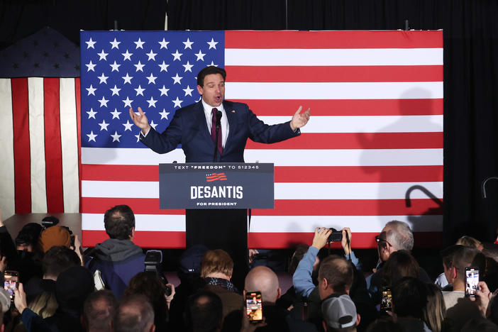 Republican presidential candidate Florida Gov. Ron DeSantis speaks at his caucus night event on January 15, 2024 in West Des Moines, Iowa.