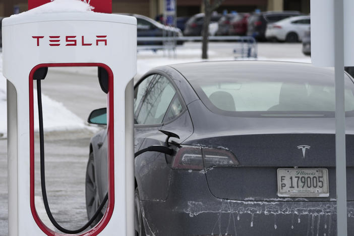 Tesla owners in Chicago say the intense cold is making it difficult to charge their vehicles. Here, a Tesla is seen at a Supercharger in Rolling Meadows, Ill., last January.
