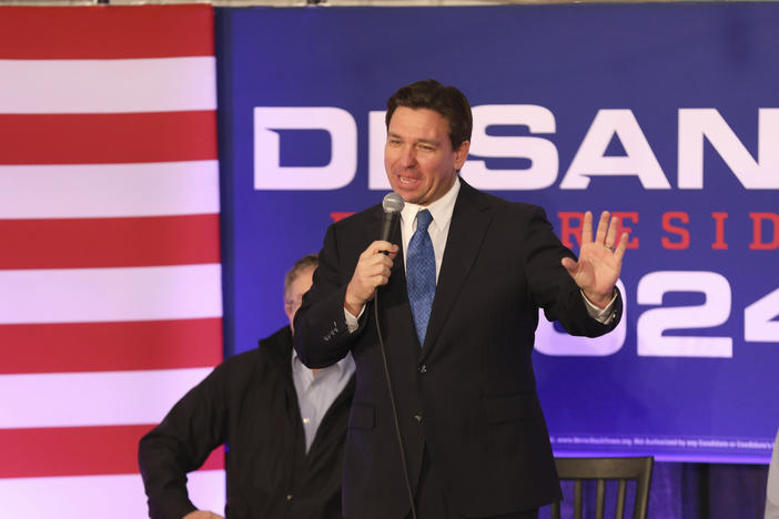 Republican presidential candidate Florida Gov. Ron DeSantis speaks at a rally on Tuesday in Greenville, S.C. DeSantis stopped in South Carolina first, after his second place finish in the Iowa caucuses, before heading on to New Hampshire.