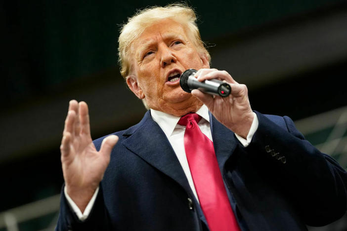 Former U.S.President Donald Trump speaks during the 2024 Iowa Republican caucuses at Horizon Events Center in West Des Moines, Iowa.