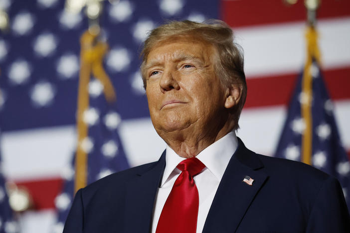 Former President Donald Trump speaks at his caucus night event at the Iowa Events Center on January 15, 2024 in Des Moines, Iowa.