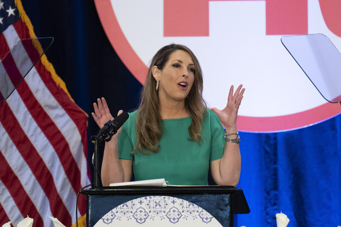Republican National Committee Chairwoman Ronna McDaniel gives a speech in 2023. The RNC is urging Republican voters to embrace early voting, even as conservative leaders continue to rail against the practice.