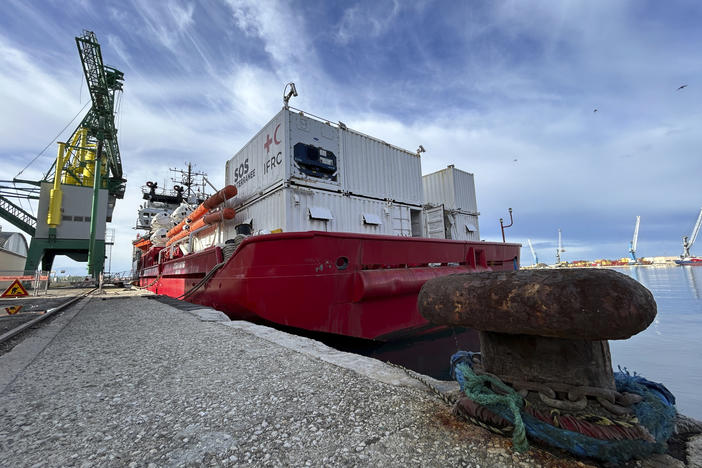 The Sos Mediterranee-run charity rescue ship, Ocean Viking, is moored in Bari, southern Italy, Monday, Jan. 8, 2024.