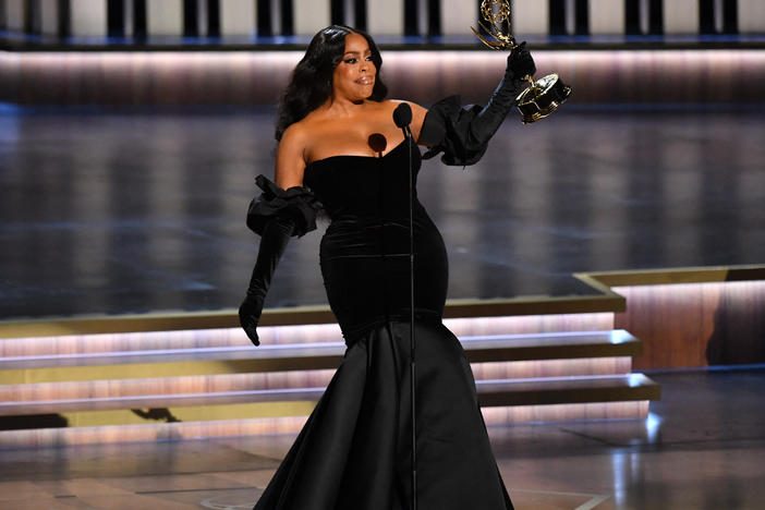 Niecy Nash-Betts accepts the Emmy Award for Outstanding Supporting Actress in a Limited or Anthology Series or Movie for her performance in <em>Dahmer – Monster: The Jeffrey Dahmer Story.</em>