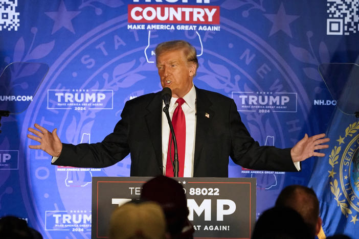 Former President Donald Trump speaks speaks to supporters in Portsmouth, New Hampshire, on January 17, 2024.