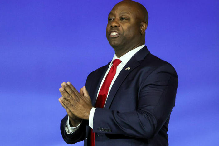 Then-Republican presidential candidate Sen. Tim Scott of South Carolina arrives at an event in Las Vegas in October 2023. Scott is planning to endorse former President Donald Trump's reelection bid.
