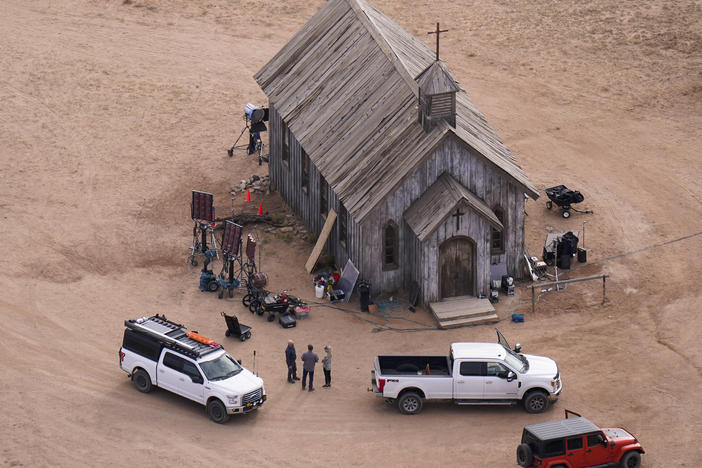 This aerial photo shows part of the Bonanza Creek Ranch film set in Santa Fe, N.M., Oct. 23, 2021.