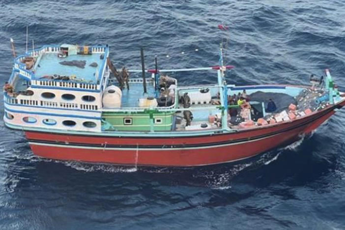 This undated photograph released by the U.S. military's Central Command shows what it described as the vessel that carried Iranian-made missile components bound for Yemen's Houthi in the Arabian Sea.