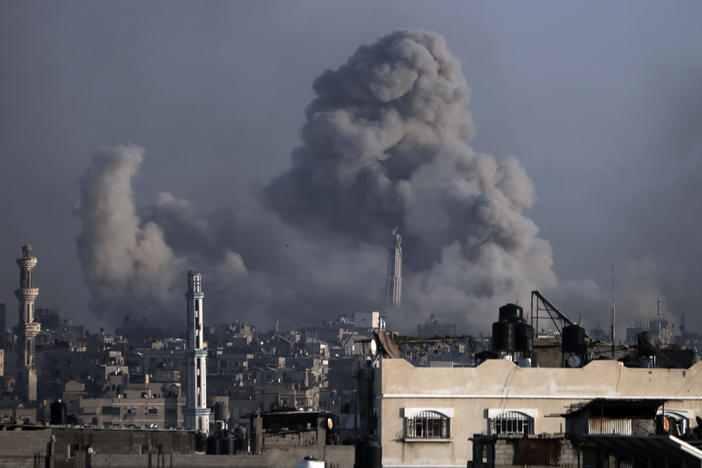 Smoke rises following Israeli bombardments in Khan Younis, southern Gaza Strip, Wednesday, Jan. 17, 2024.