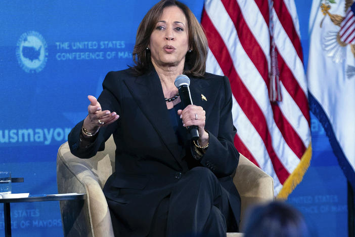 Vice President Harris speaks during the U.S. Conference of Mayors' winter meeting in Washington on Jan. 18, 2024.