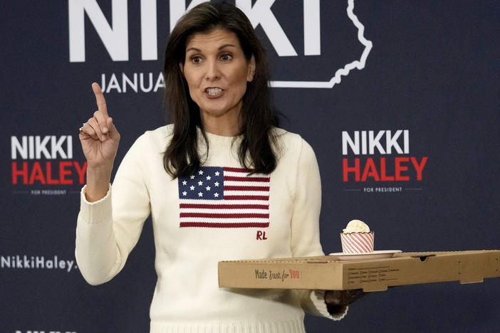 Republican presidential candidate former UN Ambassador Nikki Haley tells the audience the best birthday present they can give her is their vote on Tuesday while speaking at a Pizza and Politics event at Franklin Pierce University, Saturday, Jan. 20, 2024, in Rindge, N.H.