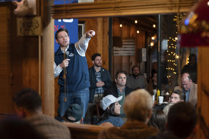Republican presidential candidate Florida Gov. Ron DeSantis speaks during a campaign event at Hudson's Smokehouse BBQ, Saturday in Lexington, S.C.