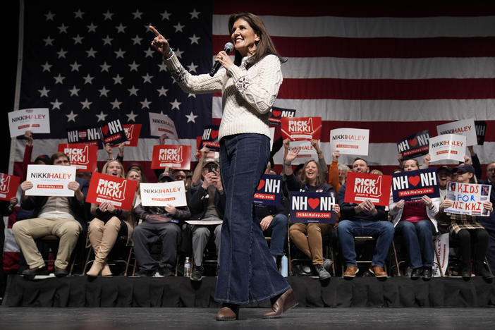 Republican presidential candidate and former U.N. Ambassador Nikki Haley speaks during a campaign event at Exeter High School in Exeter, N.H., on Sunday.
