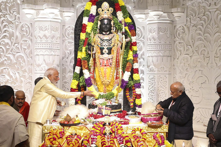 Indian Prime Minister Narendra Modi performs rituals during the opening of a temple dedicated to Hinduism's Lord Ram in Ayodhya, India, Monday.