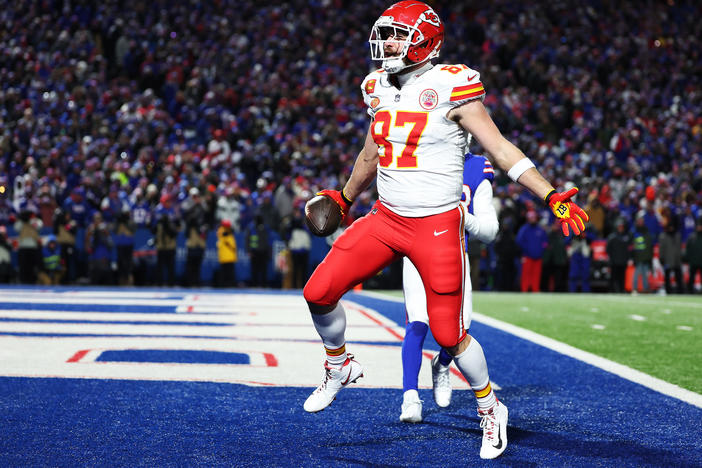 Travis Kelce of the Kansas City Chiefs celebrates after scoring a 22-yard touchdown against the Buffalo Bills during the second quarter in the AFC Divisional Playoff game at Highmark Stadium in Orchard Park, N.Y., on Sunday.