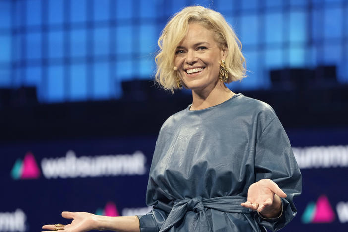 NPR's incoming CEO, Katherine Maher, speaking at Web Summit last fall. She briefly led that organization after its founder resigned following comments he made about Israel and Gaza.