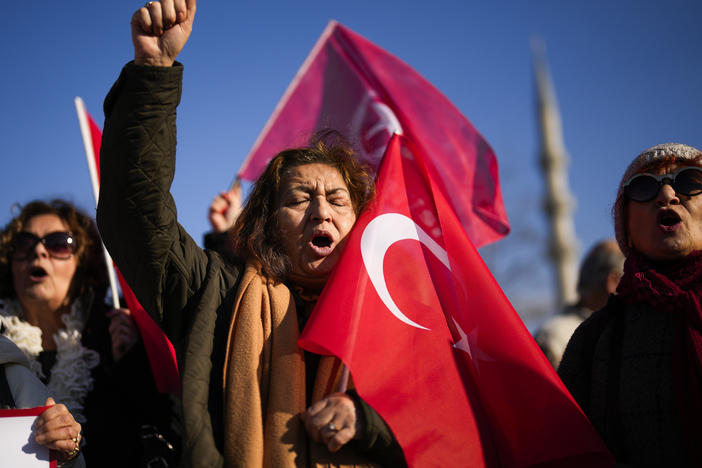 People shout slogans during a protest against Sweden's NATO membership called by Turkish Vatan, or Patriotic Party, in Istanbul on Tuesday.