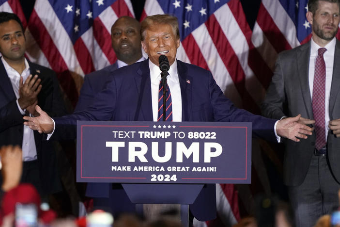 Former President Donald Trump speaks at a primary election night party Tuesday in Nashua, N.H.