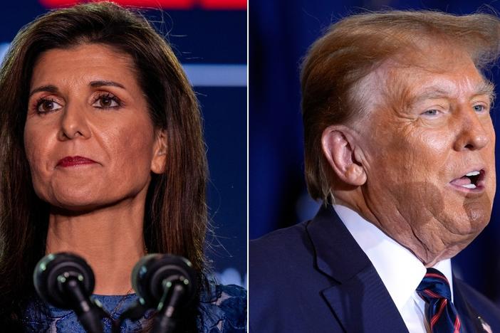 Left: Republican presidential candidate, former U.N. Ambassador Nikki Haley delivers remarks at her primary-night rally at the Grappone Conference Center on January 23, 2024 in Concord, N.H. Right: Republican presidential candidate former President Donald Trump speaks at a primary election night party in Nashua, N.H., Tuesday, Jan. 23, 2024.