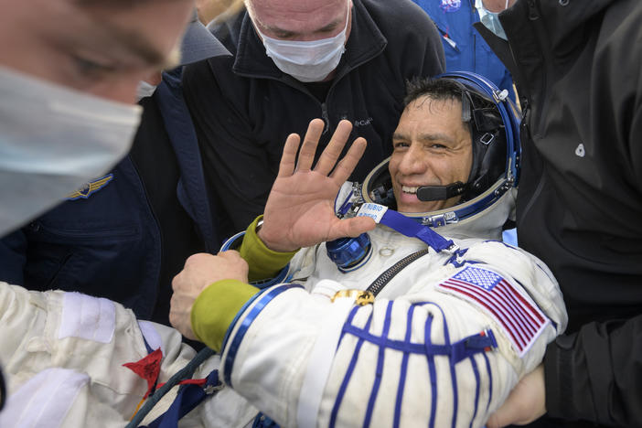 Frank Rubio is helped out of the Soyuz MS-23 spacecraft just minutes after he and cosmonauts Sergey Prokopyev and Dmitri Petelin landed in a remote area of Kazakhstan on Sept. 27, 2023.