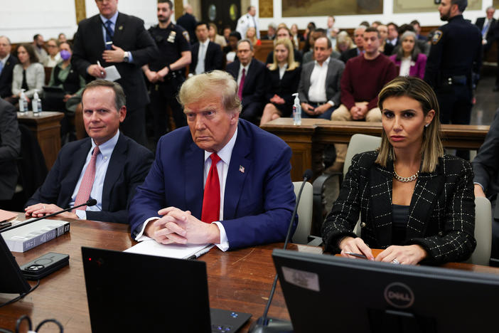 Former U.S. President Donald Trump and his lawyers Christopher Kise and Alina Habba attend the closing arguments in the Trump Organization civil fraud trial on Jan. 11 in New York City.