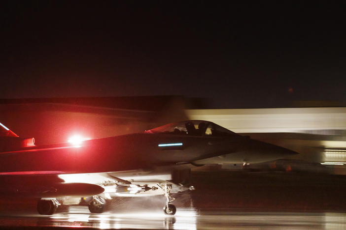 A Royal Air Force Typhoon FGR4 takes off to carry out air strikes against Houthi military targets in Yemen, from RAF Akrotiri, Cyprus, Monday, Jan. 22, 2024.