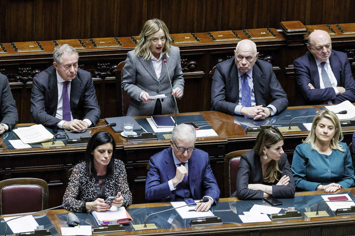 Italian Premier Giorgia Meloni, top center, addresses the Chamber of Deputies of the Italian Parliament in Rome Wednesday, Jan. 24, 2024.