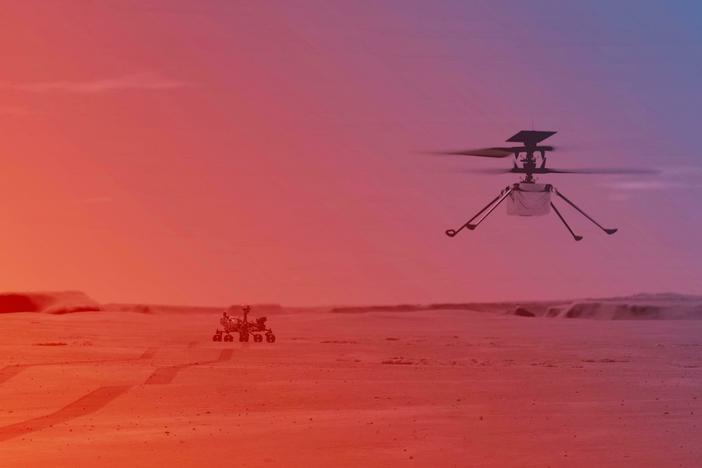An illustration of NASA's Ingenuity helicopter flying on Mars. In April 2021, Ingenuity became the first aircraft to complete a powered, controlled flight on another planet.