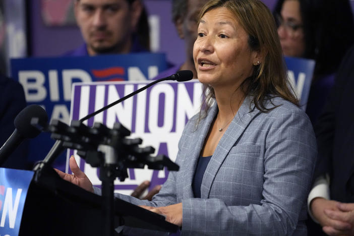 Biden's campaign manager Julie Chávez Rodriguez speaks on Nov. 7, 2023. Chávez Rodriguez was in Michigan on Friday where some Arab American leaders declined to meet her because of the Gaza conflict.