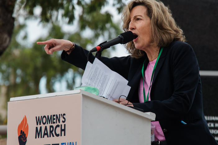 Kirsten Engel, an Arizona Democrat running for U.S. House, speaks during a Women's March rally in Phoenix on Jan. 20.